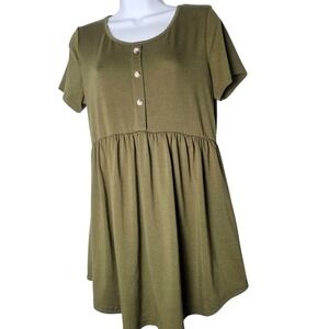 Womens Maternity Olive Green Babydoll‎ Tunic Shirt Button Neck Casual M